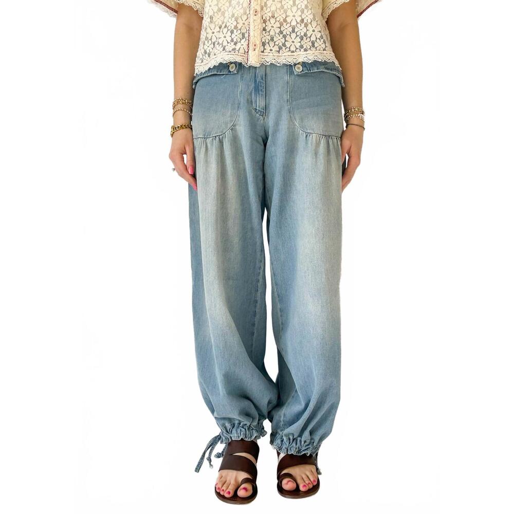 Free People Light Blue Wide Leg Drawstring Hem Jeans